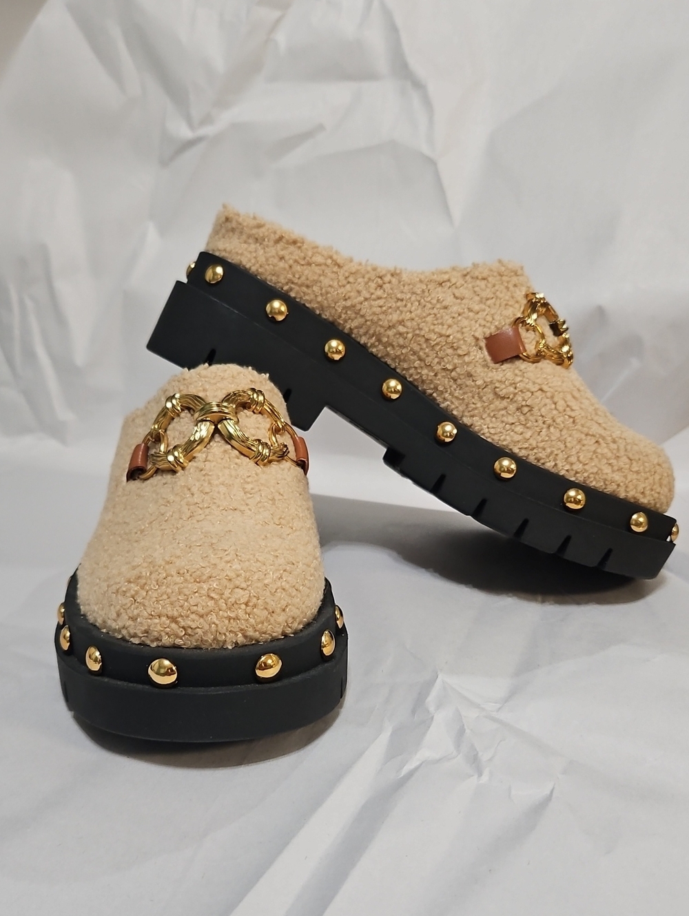 Circus by Sam Edelman Cream Sherpa Chain-Trim Clog Mules